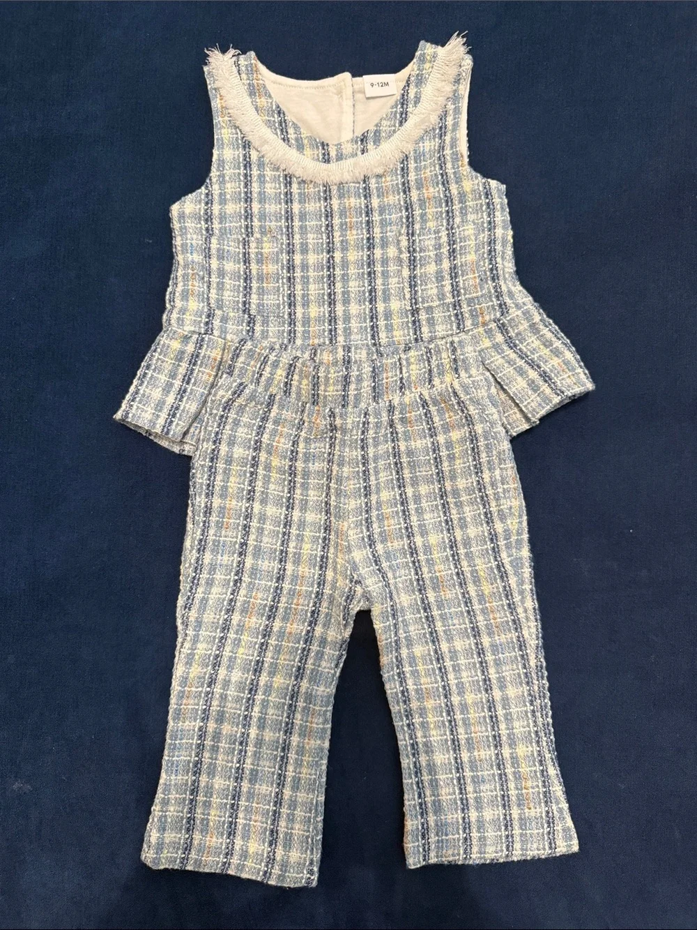 Girls Blue Plaid Tweed Peplum Jumpsuit